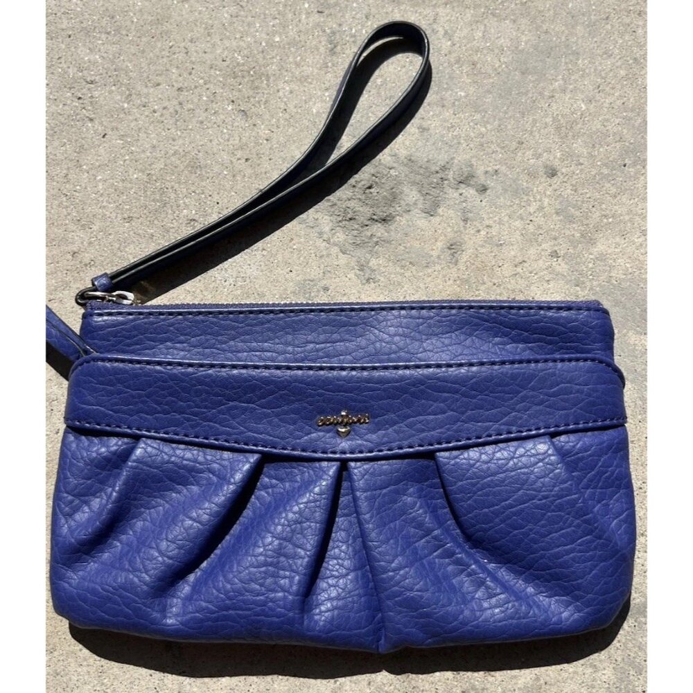 Juicy Couture Blue Faux Leather Pouch Wristlet Wallet Clutch Purse Black Lining
